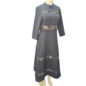 GENEVIE Dress Women Large Black Floral Lace Midi Tea Length 3/4 Sleeve Party NEW